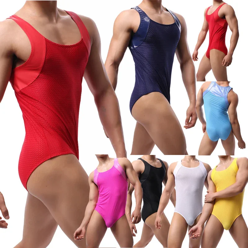 Mens Undershirts Sports Gym Fitness One-Piece Jumpsuits Wrestling Singlet Mesh Bodysuits Breathable Homme Boxer Shorts Underwear