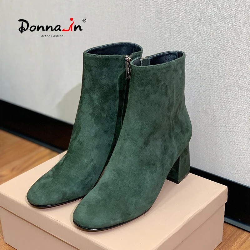 

Donna-in New Ladies Retro Green Boots Leather Suede Ankle Booties Zipper Square Block Heel 6cm Round Toe Pumps Short Boots