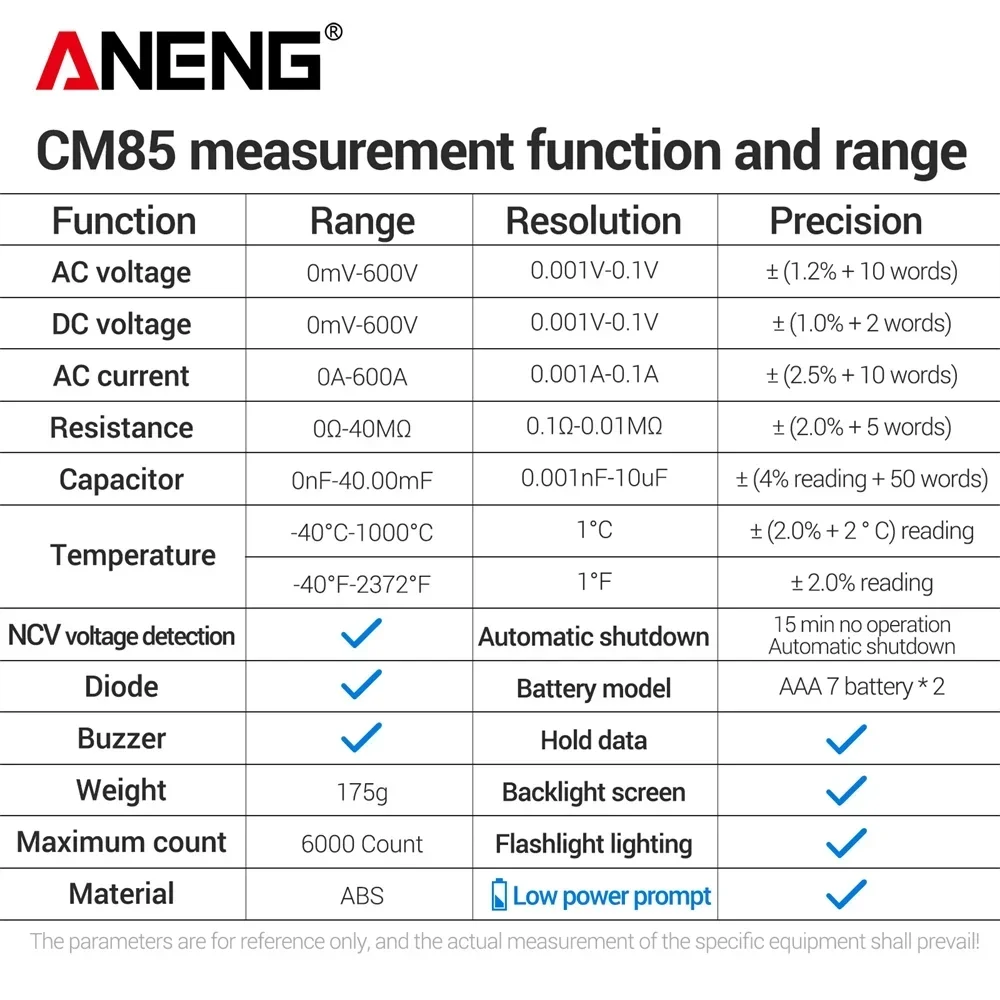 ANENG CM85 디지털 클램프 미터 6000 카운트 트루 RMS 멀티미터 NCV AC DC 전류 전압 커패시턴스 테스터 무료 VD802 테스트 펜