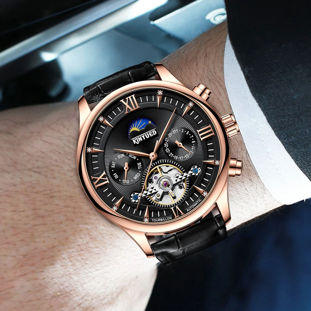 KINYUED Brandneue mechanische Mondphasenuhr für Herren, hohle Tourbillon-Uhren, Wochendatum, Herrenuhr, wasserdicht, automatische Uhren_voghion.com
