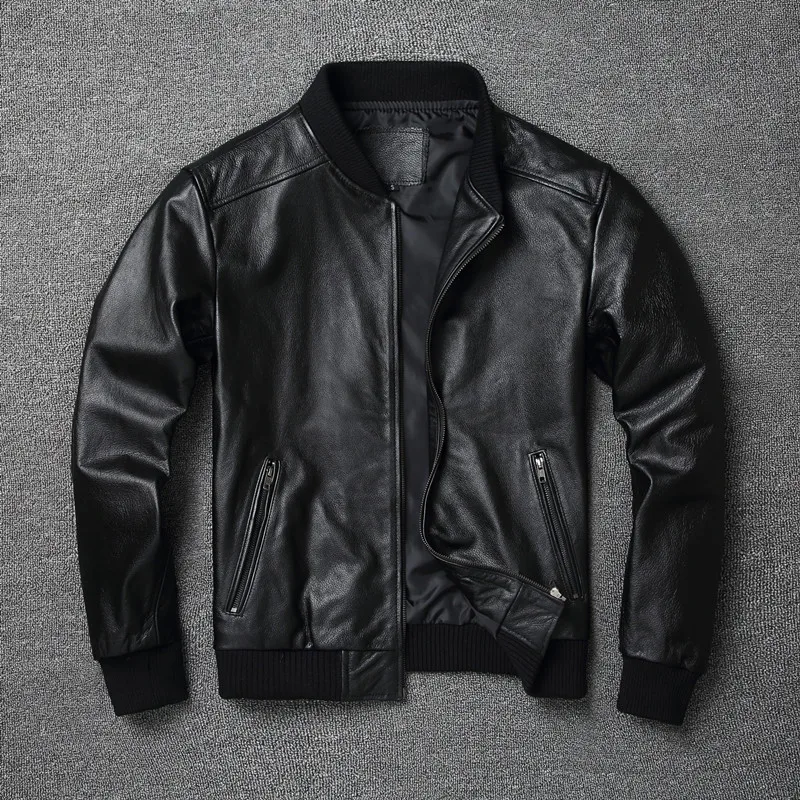 2023 New Spring Autumn Genuine Bomber Jacket Men Cowhide Real Leather Jacket Short Slim Business Jacket Leather Clothing