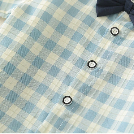 소년 세트 여름  의류, 신사 어린이 원피스 격자 셔츠 스트랩, 짧은 양말, 3 피스 세트