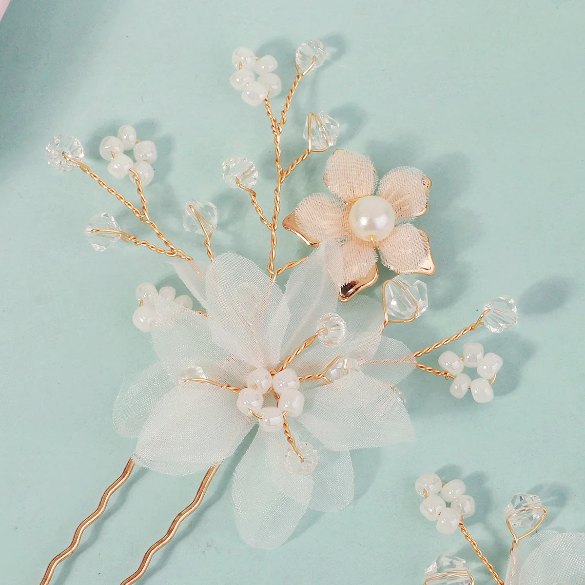 2-teiliges Set Perlenblumen-Haarnadeln für Damen, Funkelnde Kristall-Haarspangen, Festliches Haaraccessoire, U-förmige Haarnadel – Detail 13