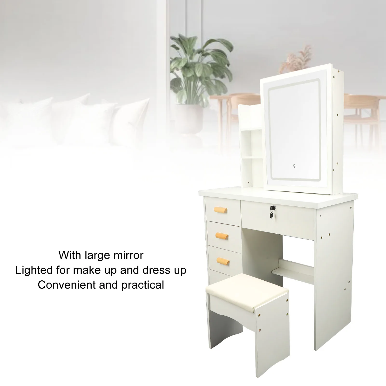 Makeup Table Dressing Table Modern Multi Functional Lighted Mirror Vanity Desk with Drawers Shelves Padded Stool for Bedroom 3