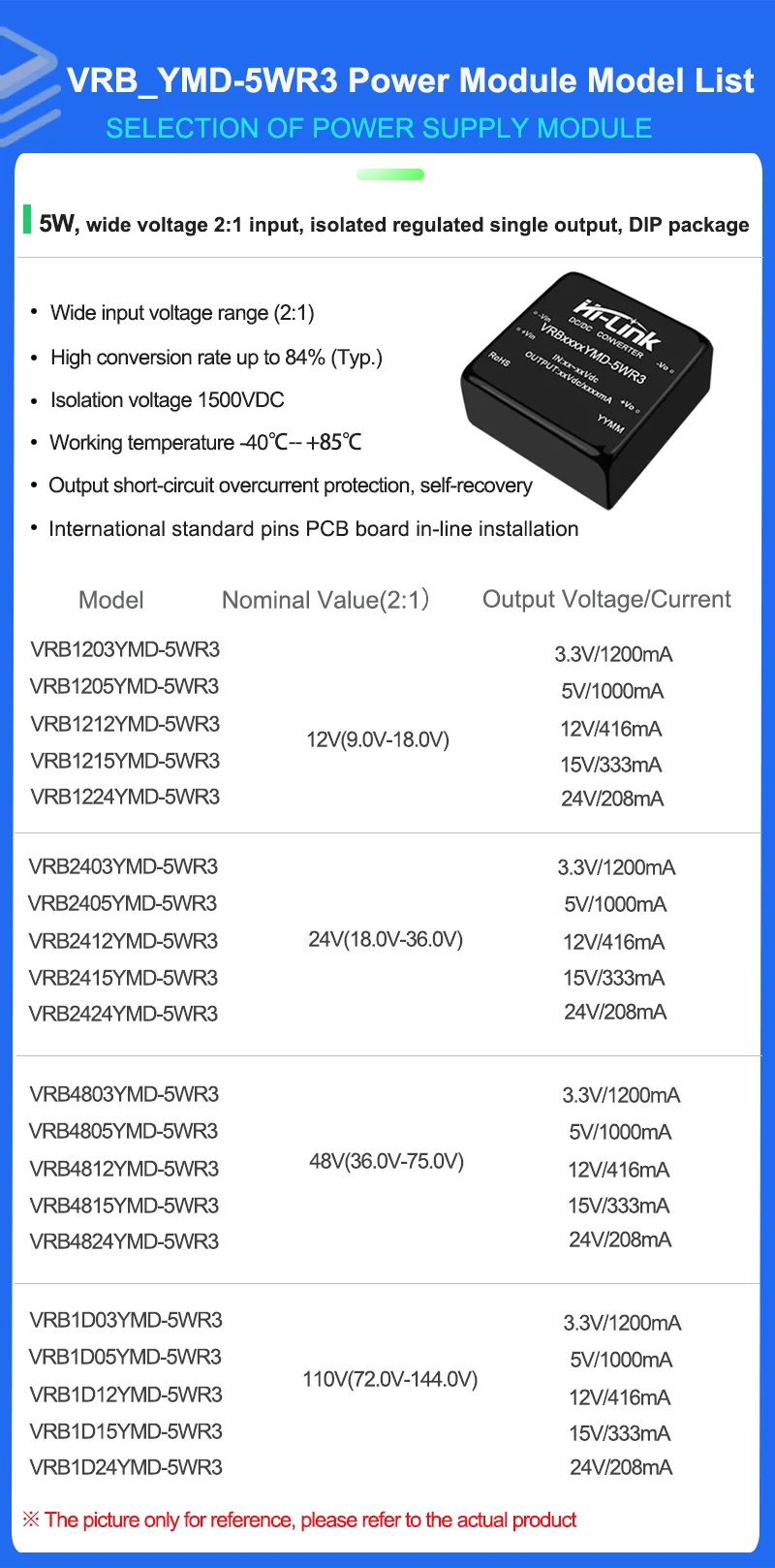 10pcs HLK VRB1205YMD-5WR3 5W DC-DC 전원 모듈 와이드 입력 9-18V 절연형 1500V DIP 전원 공급 장치 낮은 리플 OCP SCP 보호