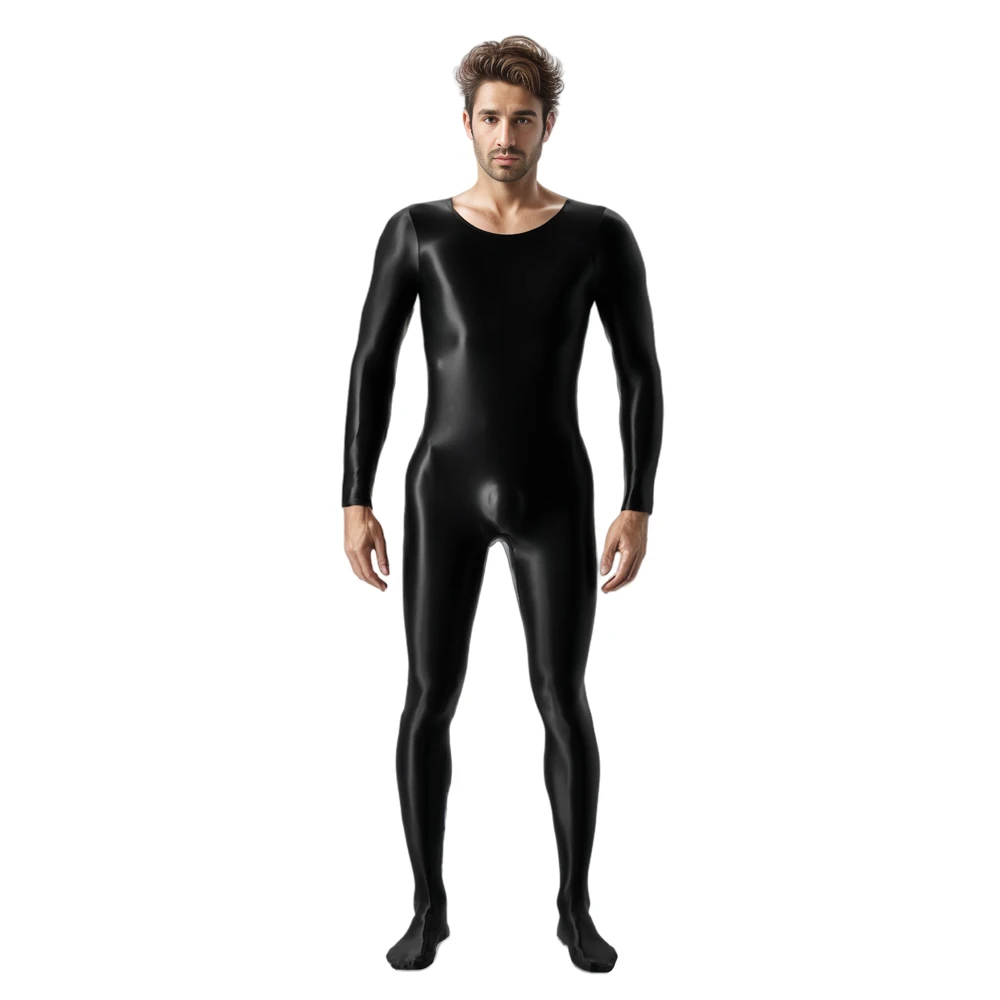 High-Elastic Plus Size Tight Leotard Unisex Full-Body Jumpsuit Glossy Silky Gloss Bodystocking Catsuit Long Sleeve Yoga Bodysuit