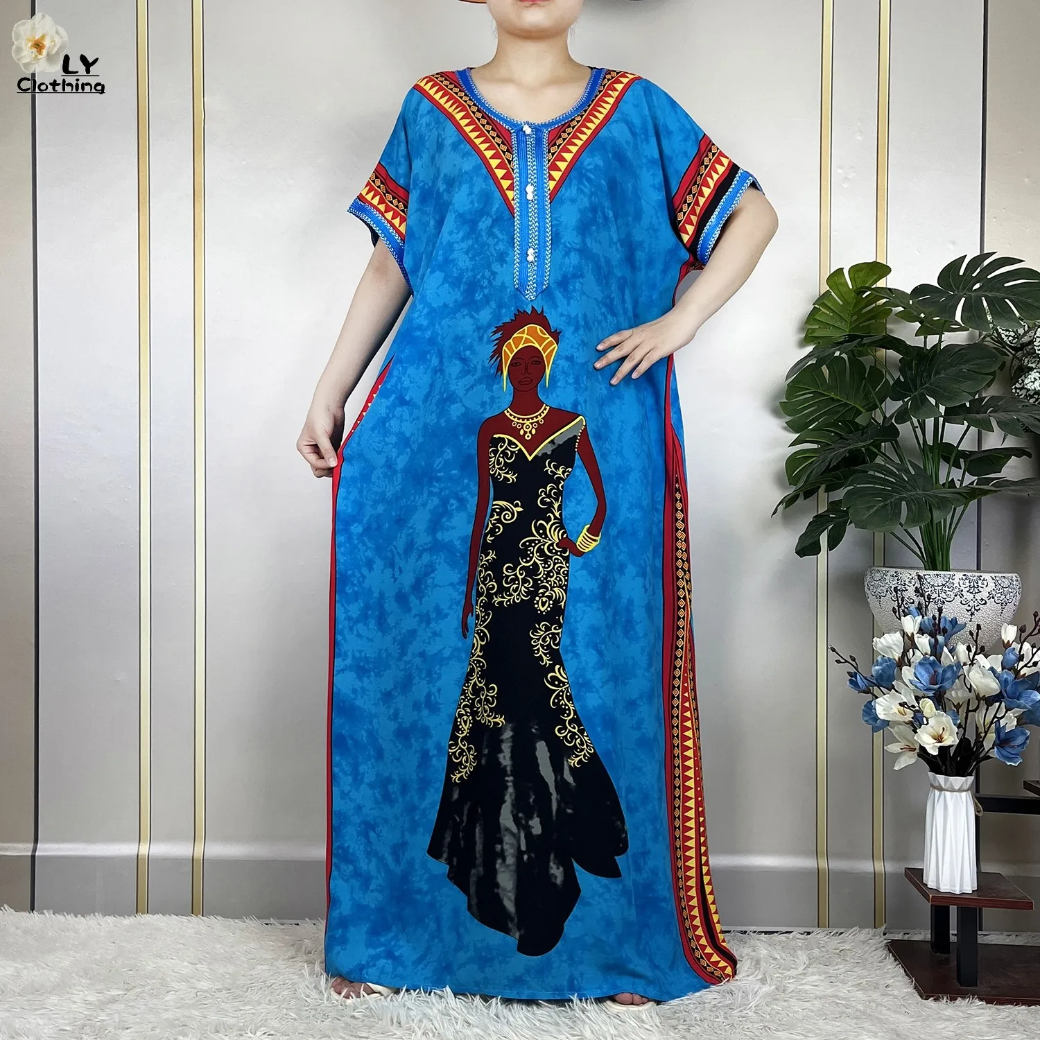 2023 New African Style Short Sleeve Dresses Cotton Pattern Printing Muslim Loose Robe Women Elegant Dress African Abaya Clothes 2