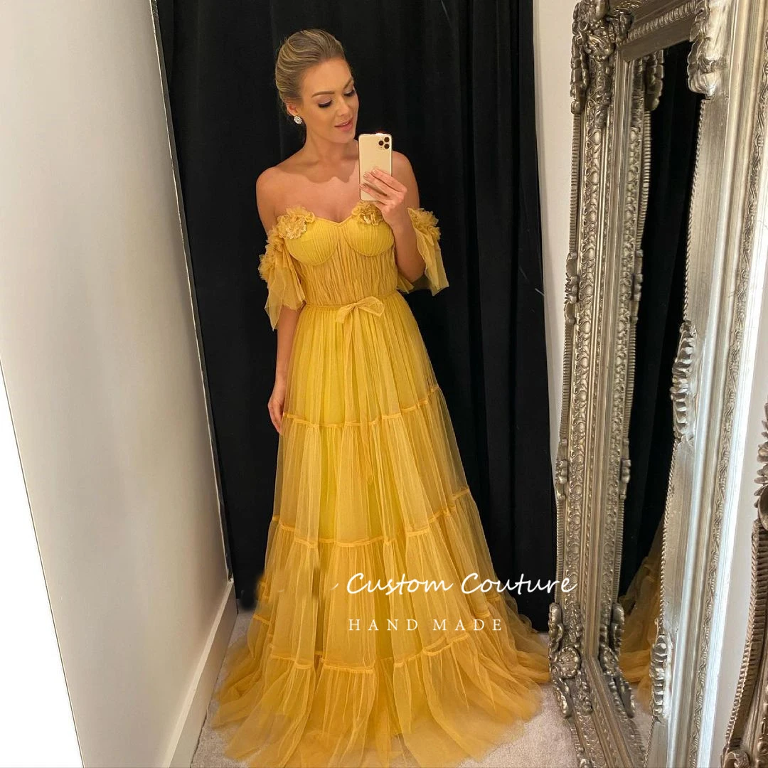 

Verngo Yellow Sweetheart Long Prom Dresses Off the Shoulder 3D Flowers Tiered Tulle Evening Dresses Open Back Formal Party Gowns