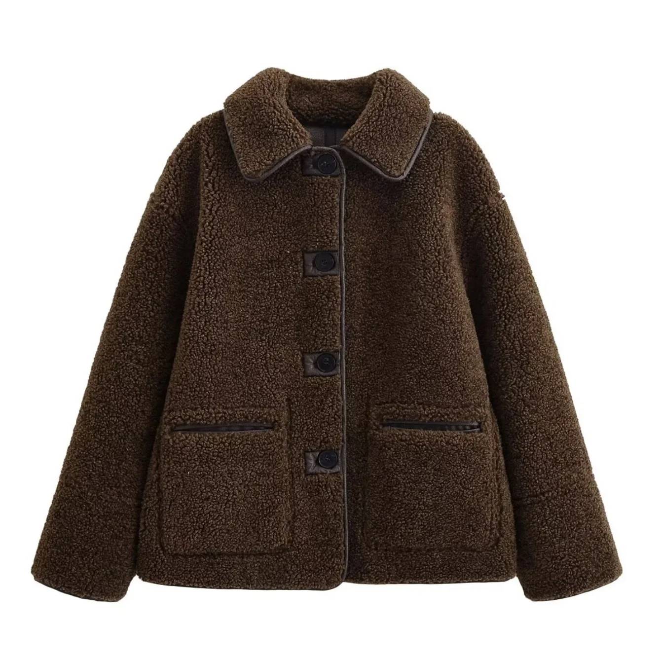 Women Autumn Winter Leatherette Jacket Female Double-Sided Coat Lady Single Breasted With Pockets Long Sleeved Jacket Streetwear