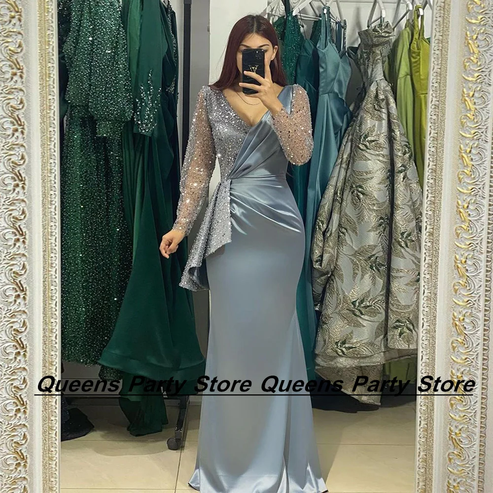 

Weilinsha Sexy Mermaid Evening Dress Long Sleeves V Neck Beading Pearls Sweep Train Mermaid Bridal Gown Robe De Soiree