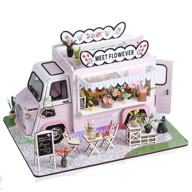 DIY Wooden Miniature Model Kit Flower Cart Casa Doll Houses 3D Puzzle Dollhouse With Furniture LED Lights for Friends Gifts 3