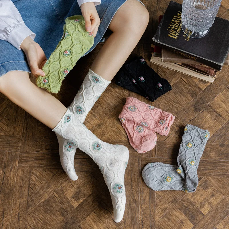 1Pair Korea Fashion Elegant Woman Lovely Floral Harajuku Socks Vintage Ethnic Cotton Candy Color Students Girls Dress Sox Autumn