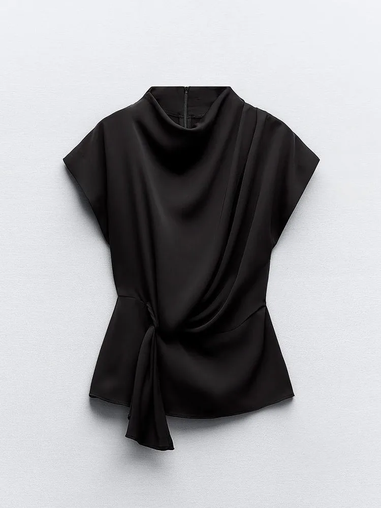 

Zach Aisa new autumn women's fashionable and versatile turtleneck short-sleeved silk satin knotted back zipper top