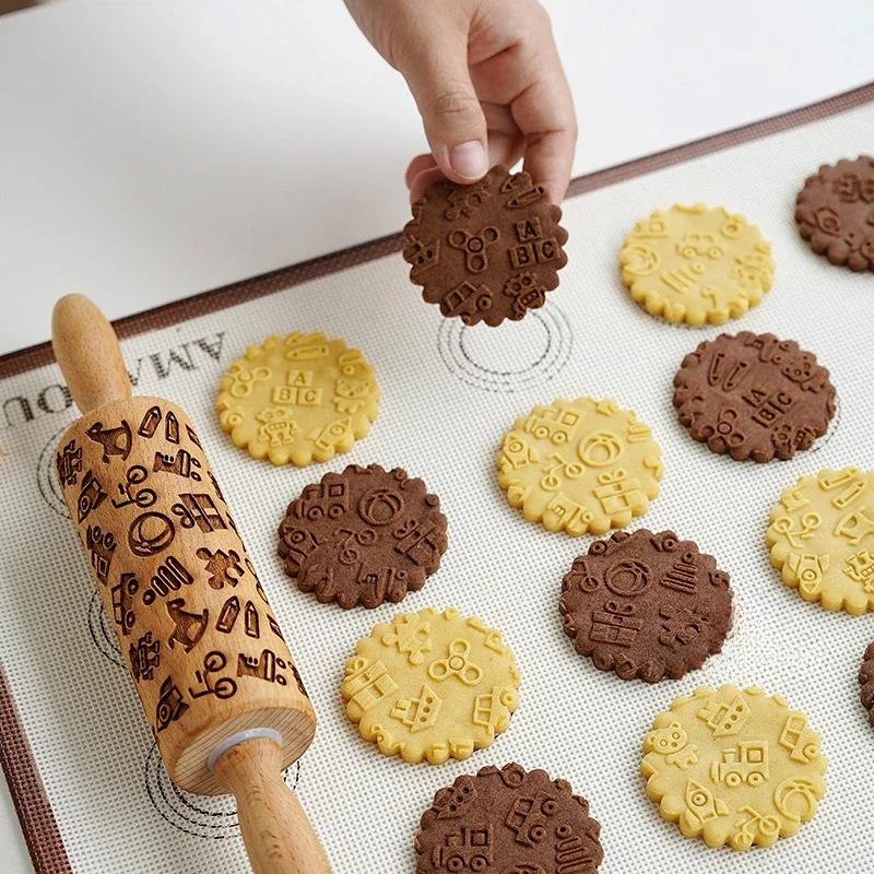 Description Picture 6 of item1 pcs Wooden Embossed Rolling Pin with Pattern for Kitchen Pastry, Baking Tools, Deep Engraving Cookies Stamp Tool