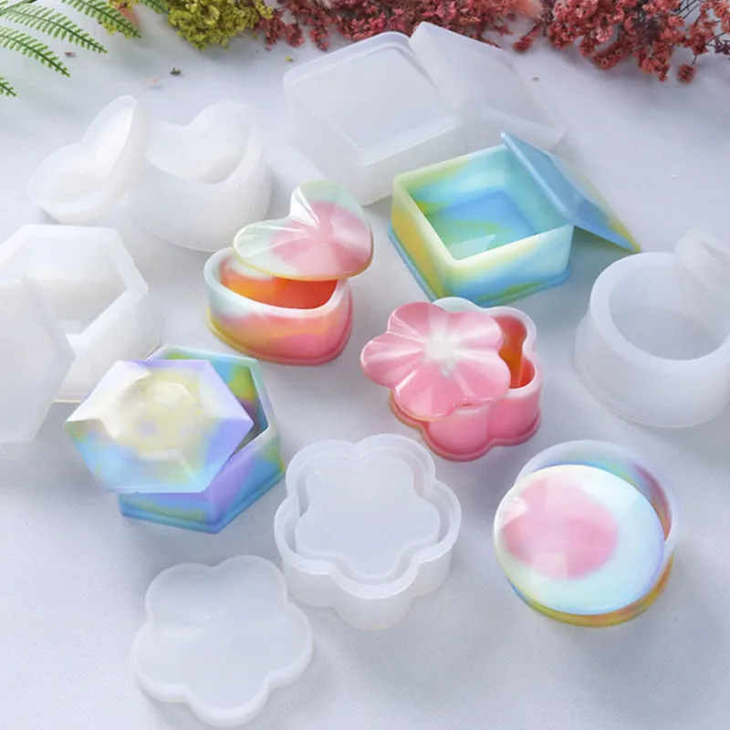 

DIY Silicone Mold Epoxy Crystal Drop Glue Storage Box Square Round Heart Form Jewelry Organizer Resin Transparent With Lid Mold