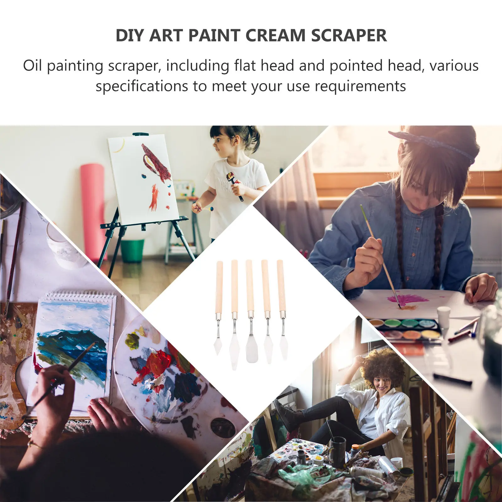 5종 페인팅 스크레이퍼 스테인리스 스틸 목재 페인트 혼합 도구 아트 스패툴라 유화 재료 드로잉 팔레트 나이프 캔버스