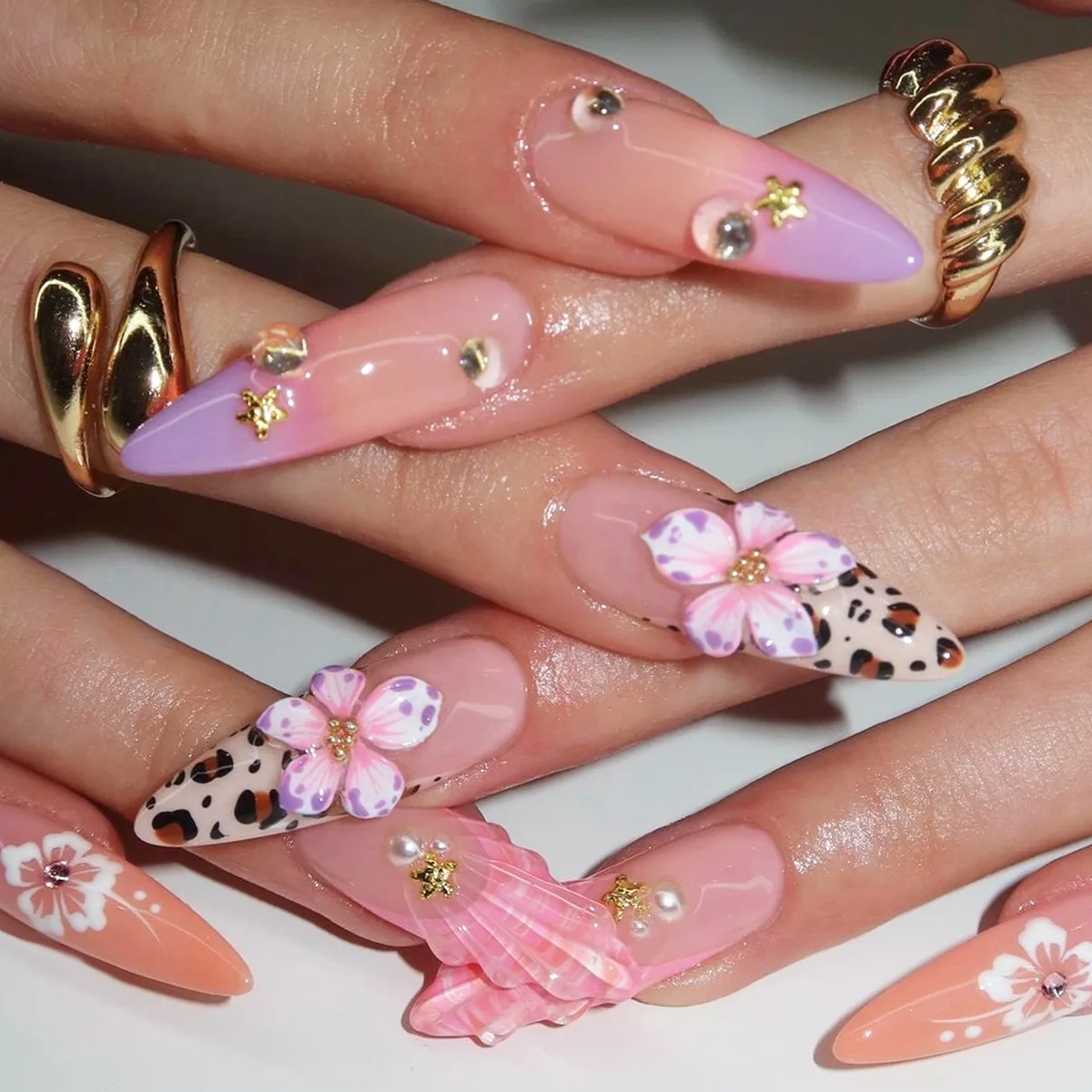 Stiletto False Nails With Blue French Leopard Print Design Set_voghion.com