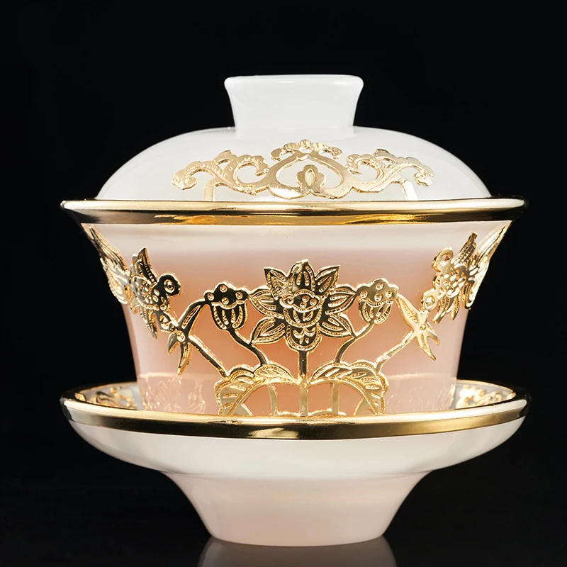 

Gold Inlaid Jade Glazed Jade Porcelain Gaiwan Tea Cup Chinese Kung Fu Tea Set Exquisite Luxury Collectible Tea Set Gifts