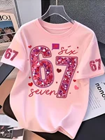 T-shirt pour filles, exclusif Saint-Valentin, avec paillettes, numéro 67, imprimé 3D créatif, t-shirt d'été à col rond pour enfants, vêtements d'extérieur 4
