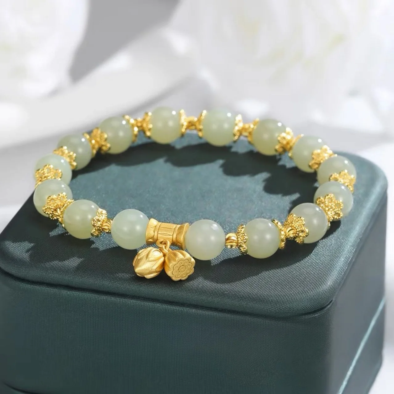 

Elegant Imitation Hetian Jade Bracelet with Lotus Charm for Women Charm Bead Jewelry for Dress Accessories Hot Sales Gifts Fast