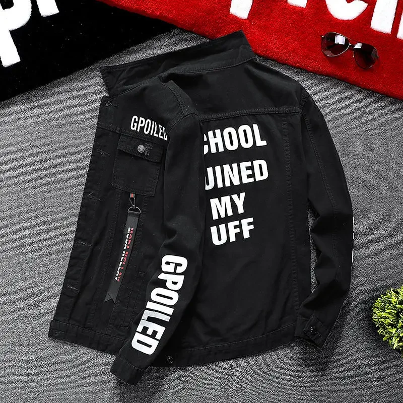 thumbnail image 1 of Chaqueta vaquera negra con botones para otoño para hombre, chaqueta vaquera blanca con estampado de letras, abrigo para hombre, lavado rojo G, estética de bajo coste al precio más bajo, 1 of 4
