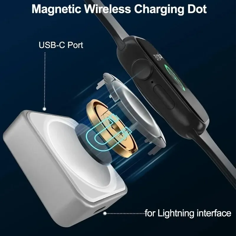 Portable Magnetic Wireless Charger for Apple Watch - Dual Interface, Type C & 8-Pin Compatibility