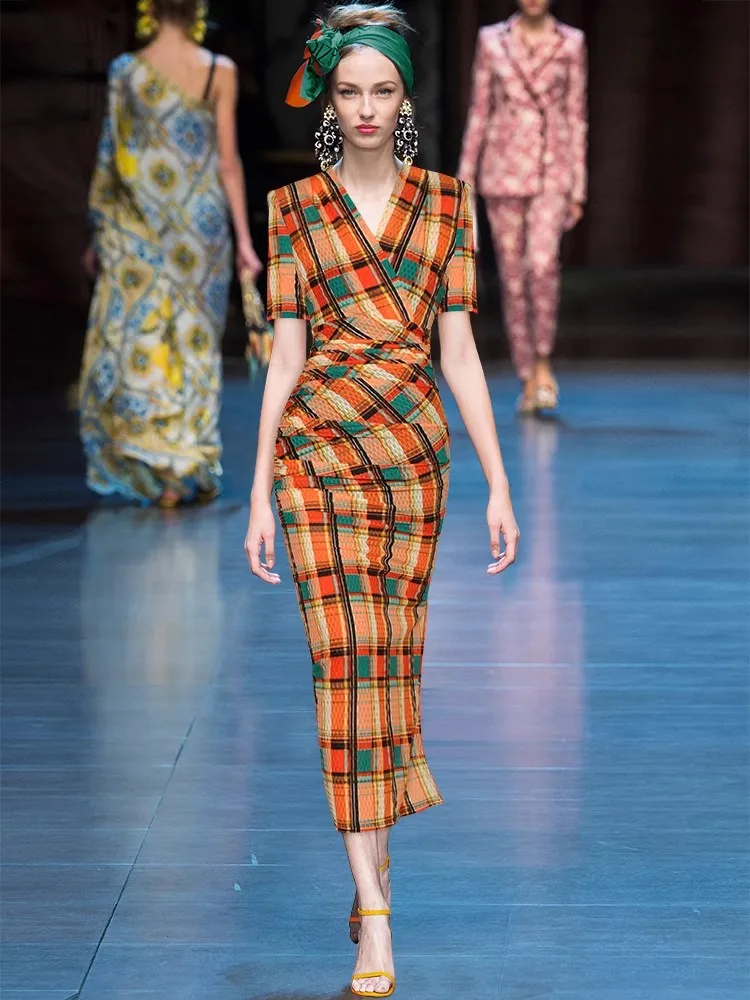 Seasixiang Fashion Designer Summer Pencil Dress Women V-Neck Short
