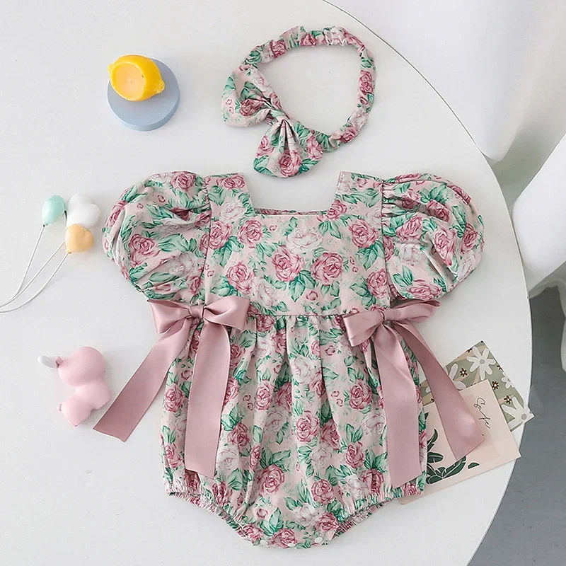 

Summer Baby Girls Clothes Toddler Baby Girl Bodysuits+Hair band Short Sleeved Cotton Floral Printing Infant Baby Girls Jumpsuit