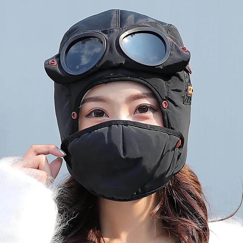 Winter Bomber Hat Adult Kids Windproof Hood Pilot Hats with Mask Glasses Warm Earflap Cap Russian Ushanka Caps Balaclava balaclava hat winter hat earflap hat