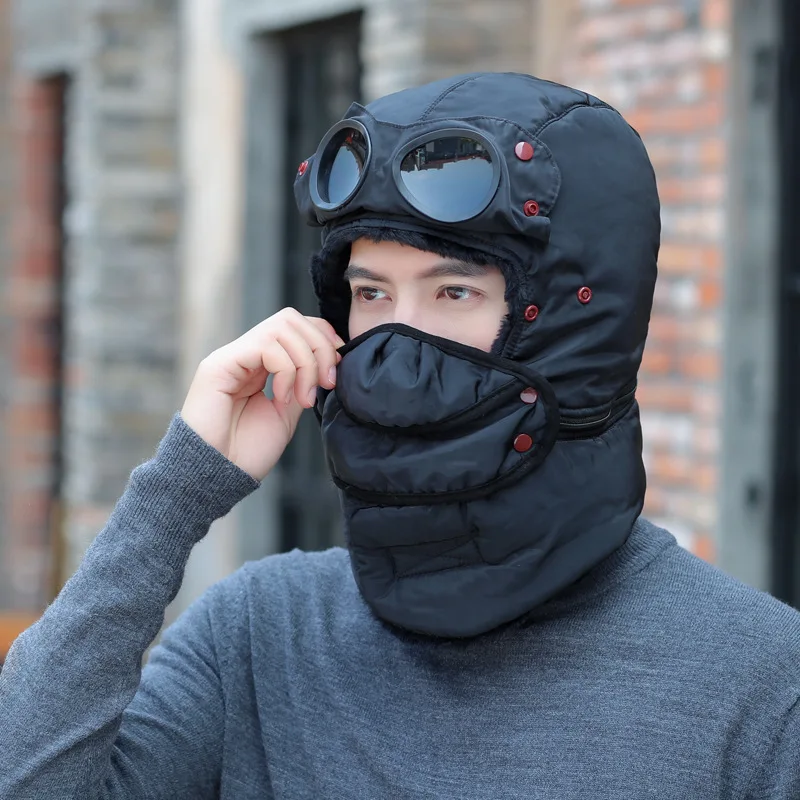 2023 Winter Bomber Hat with Glasses Mask Windproof Hood Pilot