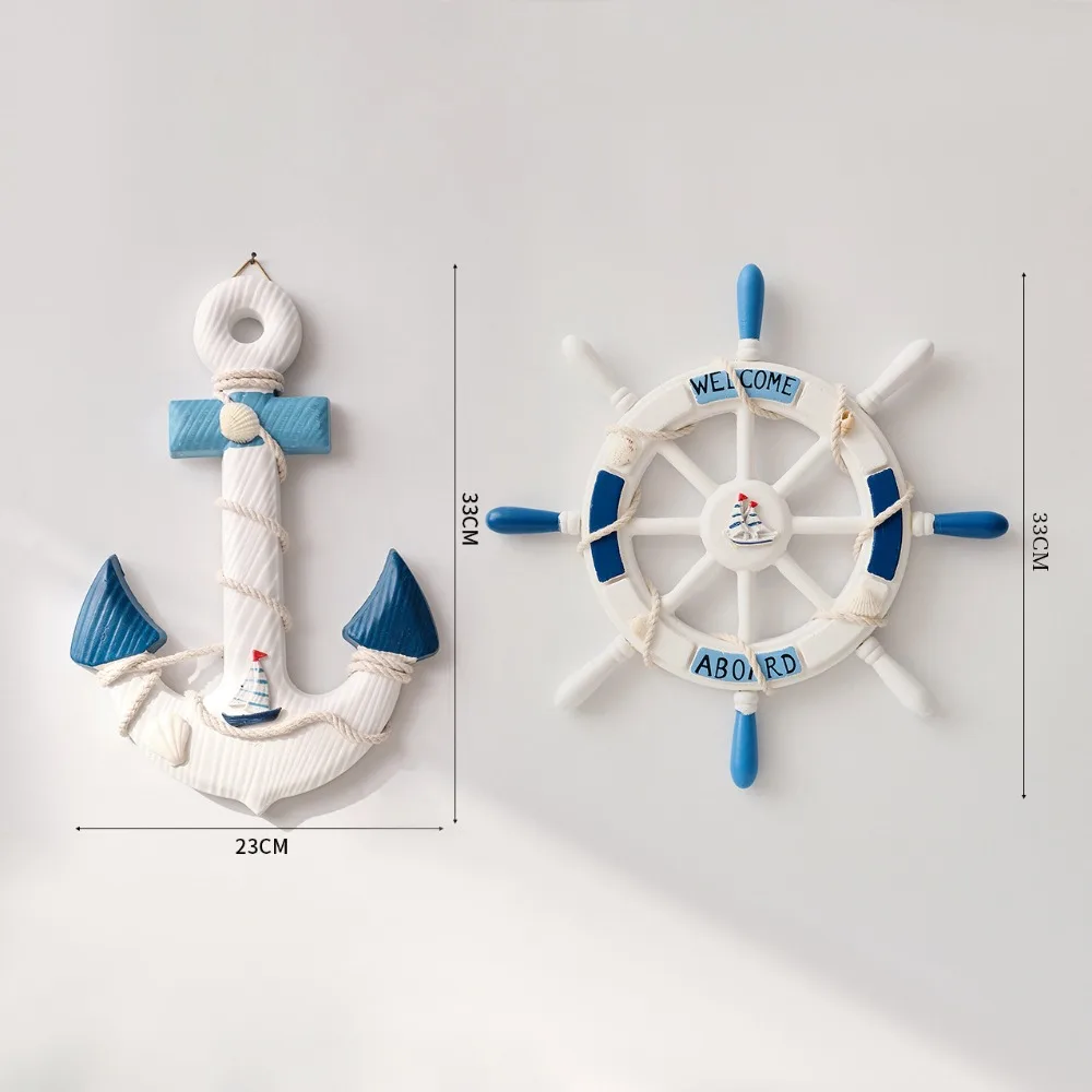 Timone e ancora per nave in legno nautica da 2 pezzi con corda, decorazione da parete per porta, ornamento da appendere, decorazione per la casa a tema spiaggia - immagine 2