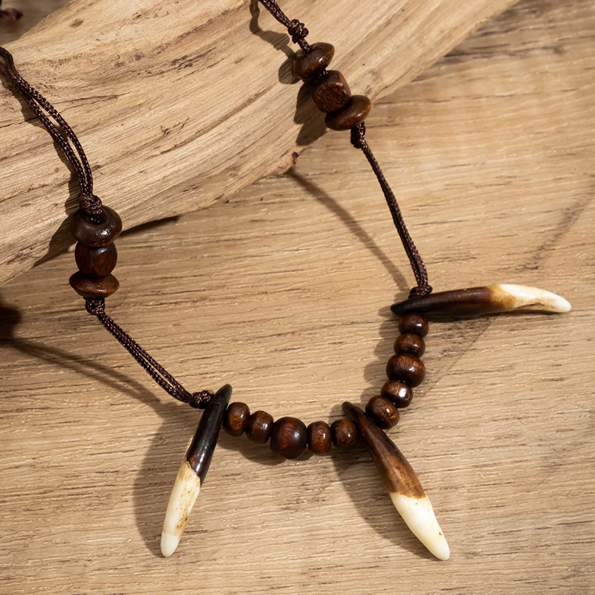 Domineering Personality Wolf Tooth Wooden Beads Hip-hop Men's Jewelry Necklace