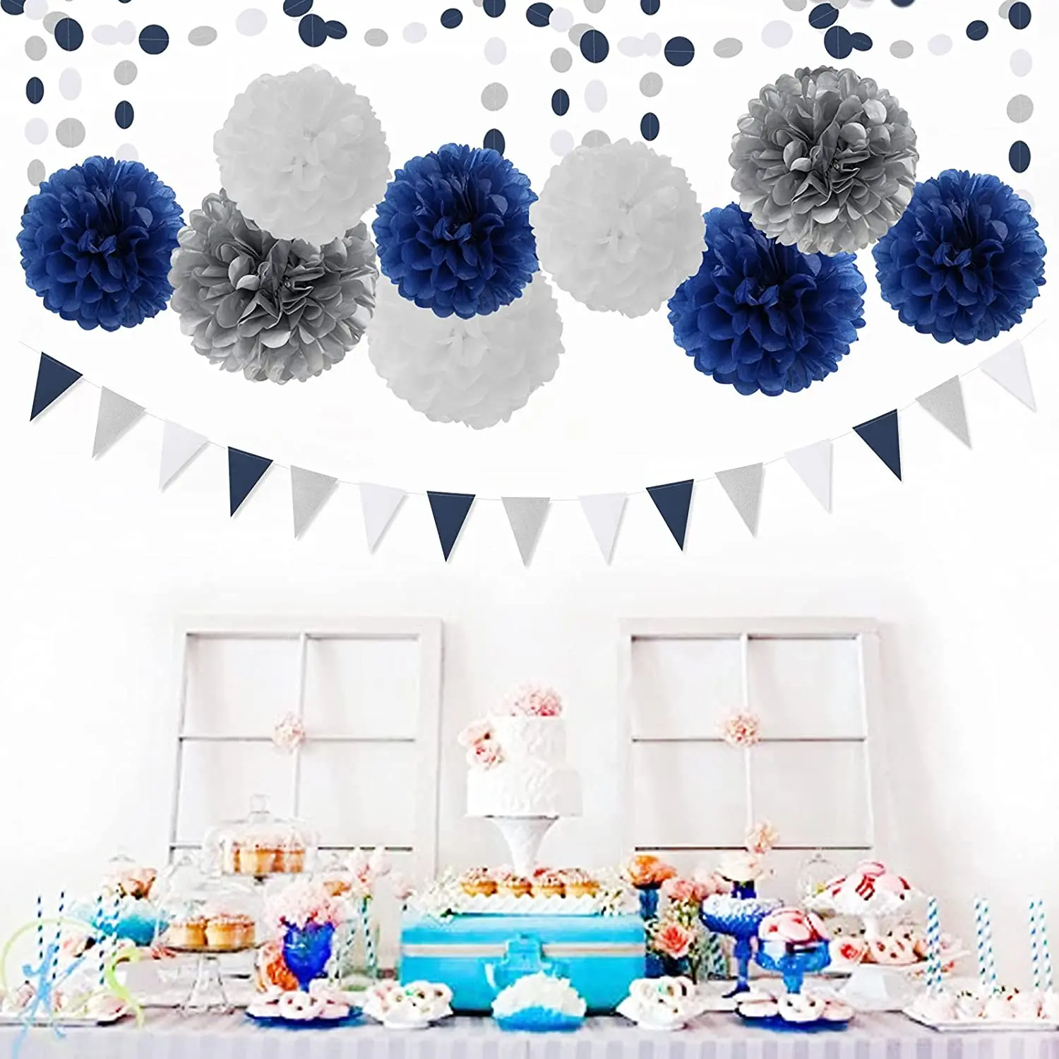 Navy Blue Silver Party Decor Hanging Paper Pom Poms Flowers