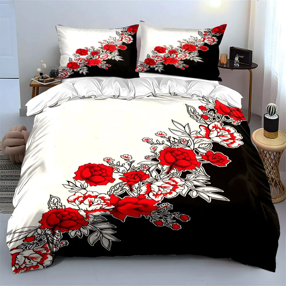Red flowers with black-and-white background Bedding Set for Kids Luxury Gift 3pcs Digital Print Comforter Set Soft Comfortable 5