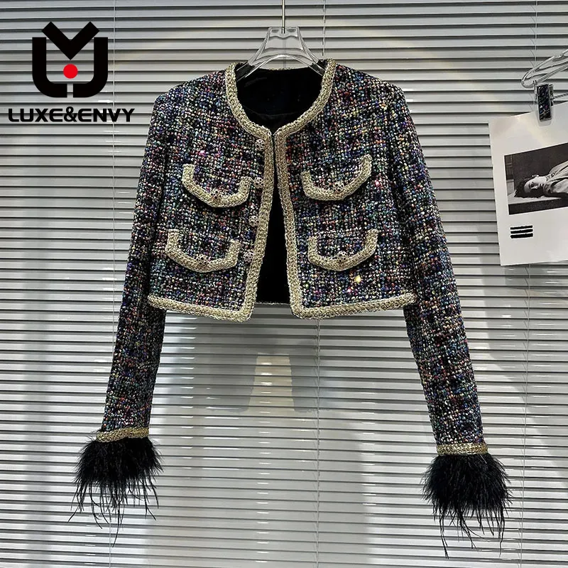 

LUXE&ENVY New Little Fragrant Ostrich Hair Sleeves Colorful Sequins Thick Tweed Heavy Duty Short Coat For 2023 Autumn