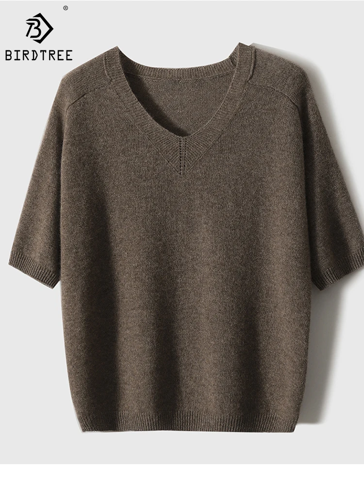

Birdtree 100% Cashmere Pullover Sweater V-neck Short Sleeves Solid Color Comfortable Simple Soft Knit Woman Fall New T30645QD