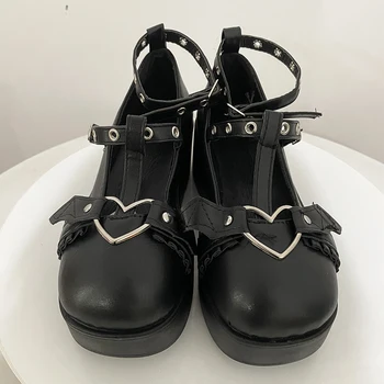 new Sweet Heart Buckle Wedges Mary Janes Women Pink T-Strap Chunky Platform Lolita Shoes Woman Punk Gothic Cosplay Shoes 43 2