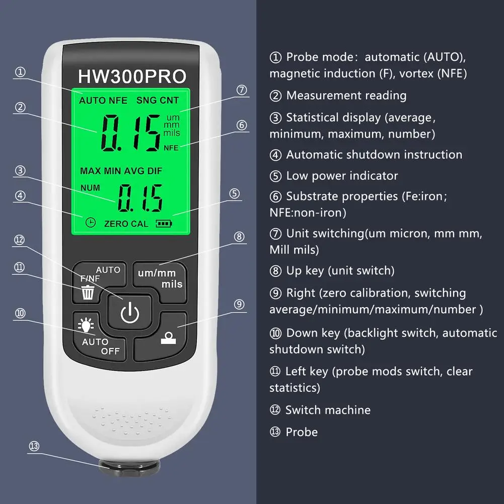 HW-300PRO misuratore di spessore del rivestimento 0-2000um Display Lcd digitale misuratore di spessore della vernice strumento di misurazione risoluzione 1micron