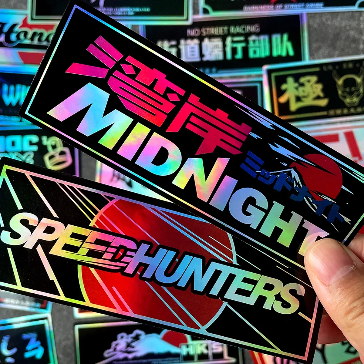 Vinyl stickers 24PCS/Lot laser rainbow Speedhunters Oni Samurai JDM good lucky racing car vinyl stickers motorcycle helmet decal accessories