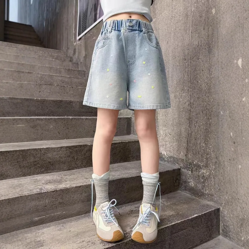 2026 여름 어린이 데님 반바지 120-170cm 소녀용 자수 탄성 허리 캐주얼 무릎 길이 십대 어린이 반바지