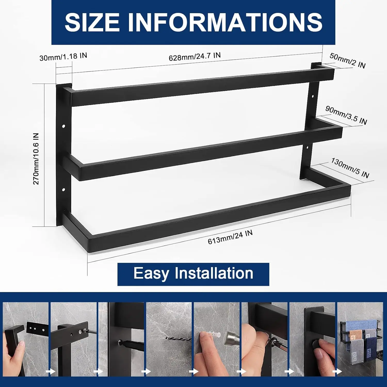Towel Rod Holder Square Shelf Rack Hanging Towel for Bath Thicken SUS304 Stainless Steel Rack Wall Mounted-3-Tier Bathroom