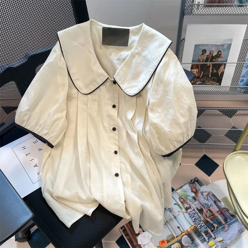 EBAIHUI French Gentle Puff Sleeve Shirt Cute and Versatile Doll Collar Women's Short Sleeve Blouse Summer Loose Blusas