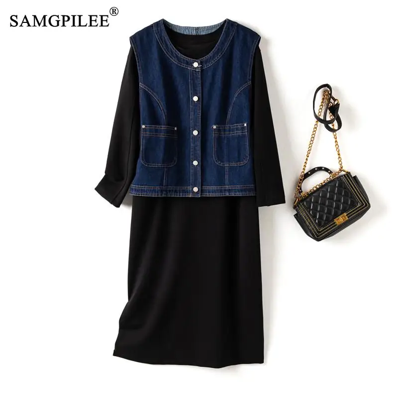

Комплект из двух предметов для женщин 2022 Европейское простое черное джинсовое платье однобортная куртка комплект из двух предметов женская одежда