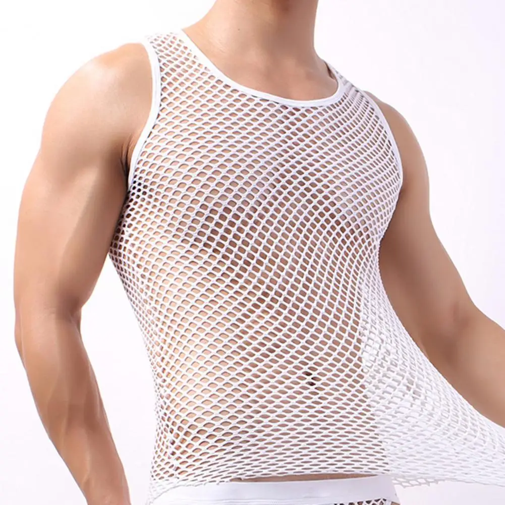 Mens Sexy Mesh See-Through Shirts Undershirt Mesh Sleepwear Fish Net Pure Color Vest for Sleeping Nightclub Sheer Tops Shirt