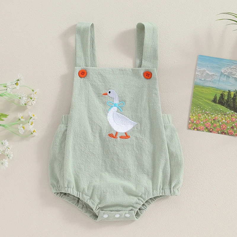 0-12M Infant Baby Girls Boys Cute Romper Sleeveless Cartoon Duck Print Suspender Jumpsuit for Newborn FOCUSNORM baby rompers,cotton jumpsuit,baby jumpsuit,baby clothing