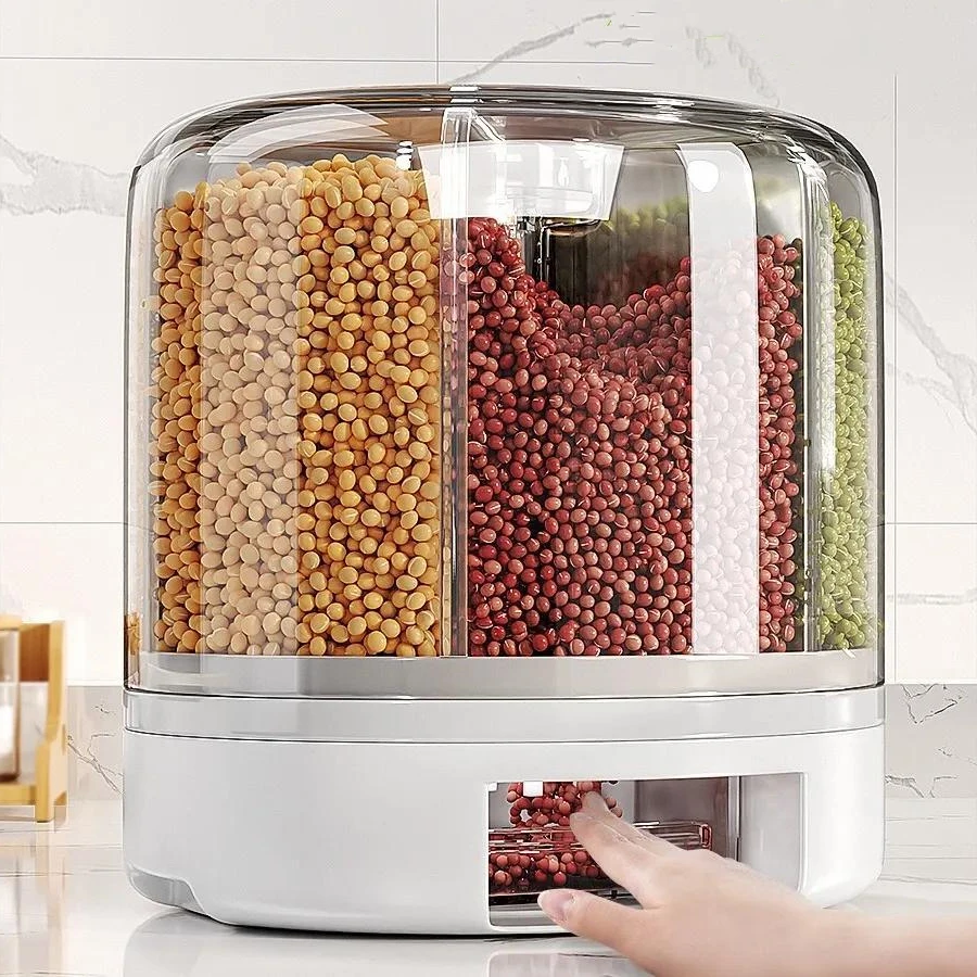 대용량 360 도 회전 밥 디펜서 밀폐 방습 건조 시리얼 버킷, 애완 동물 식품 용기, 주방 보관함