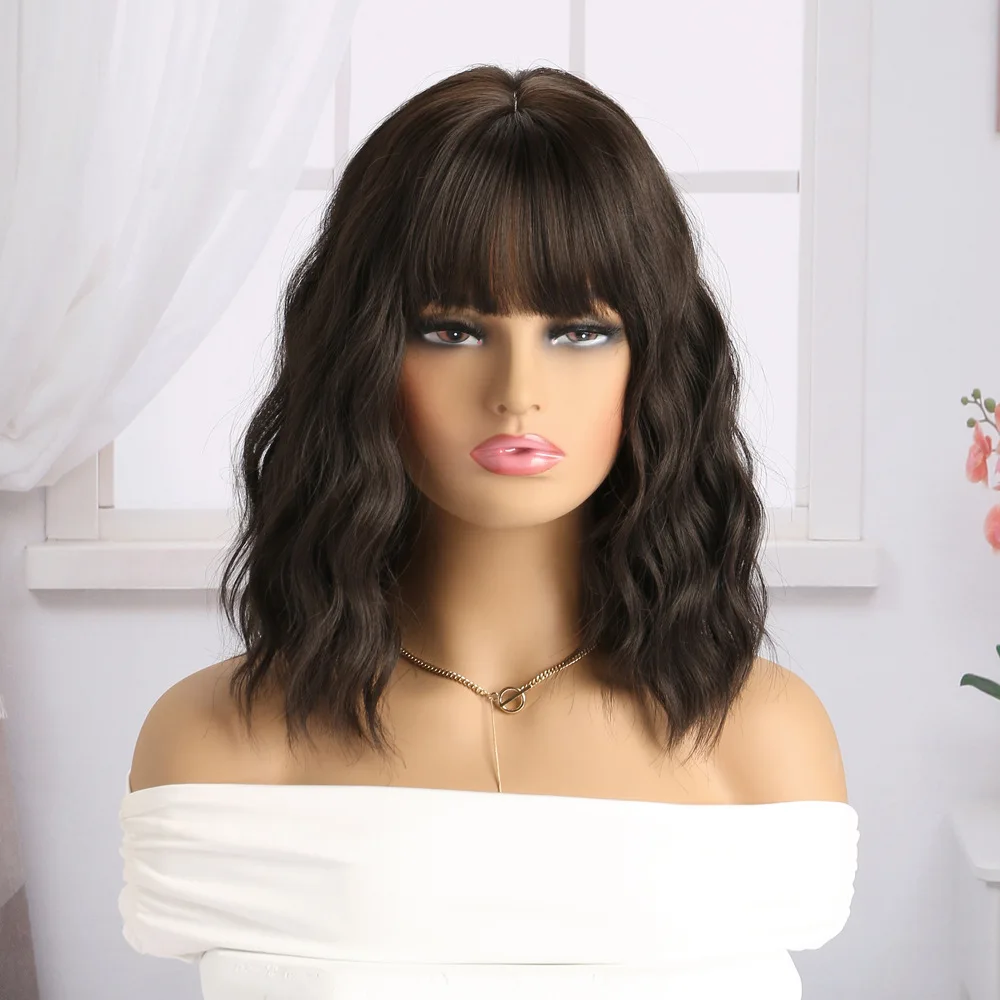 Women Short Wavy Bob Wigs Natural Synthetic Hair With Bangs Black Brown Purple Red Pink Blonde Mixed Color  Daily Party Cosplay synthetic blonde wig with bangs short none lace front wig for women middle parting daily cosplay party heat resistant bang wig
