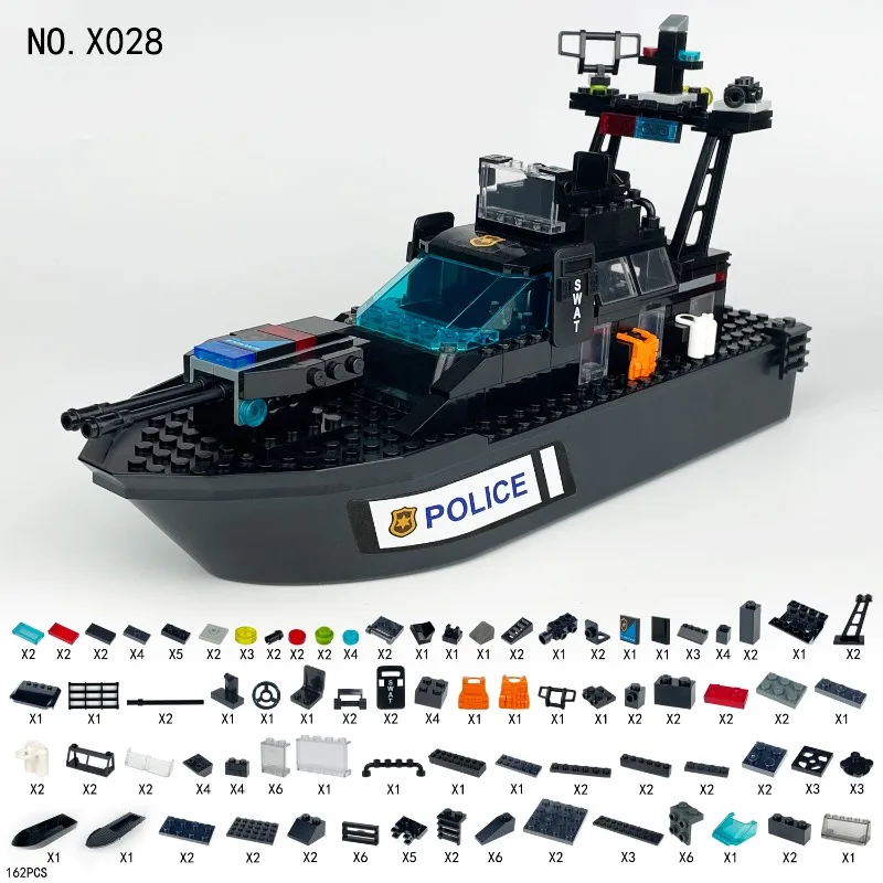 Five Kinds of Building Block Boat Toys, Coast Guard Tomahawk Boat, City, Police Patrol, Boat, Children's Granular Brick Toys. - 6