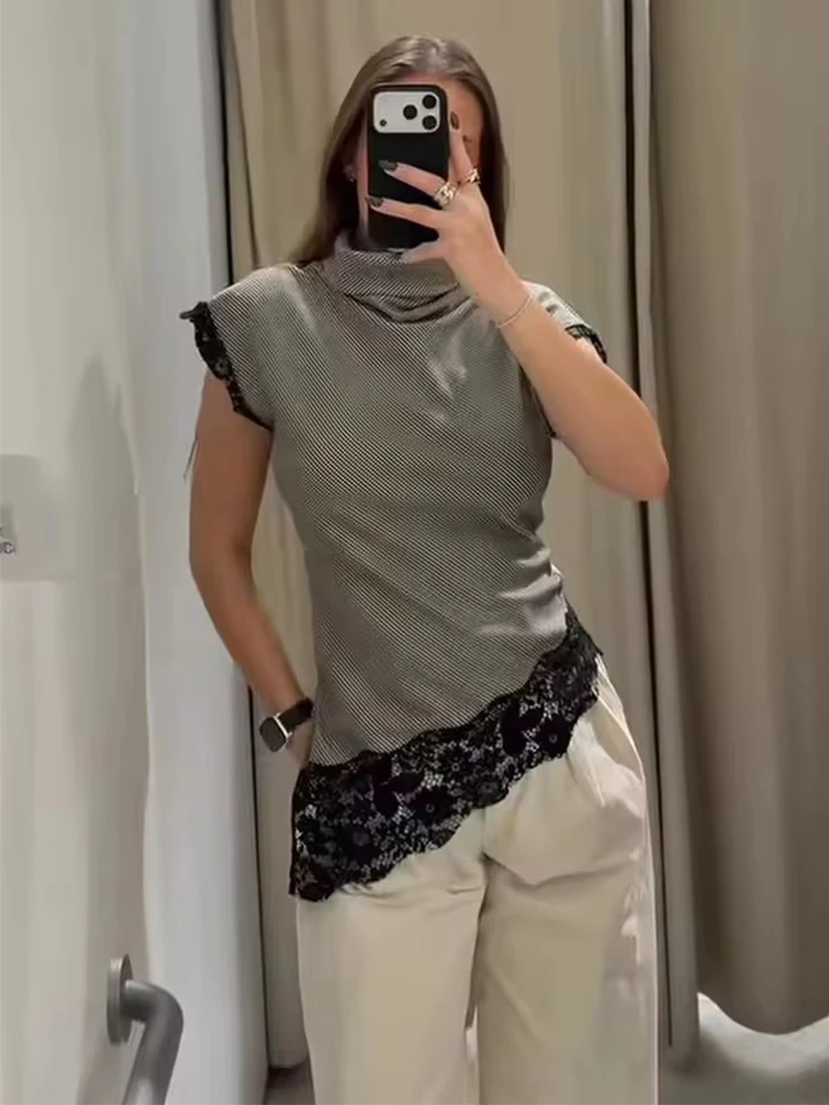 Stand Collar Corset Top Women Houndstooth Sleeveless Lace Splicing Vest Tops 2025 New Summer Lady Street Casual Short Tops ﻿