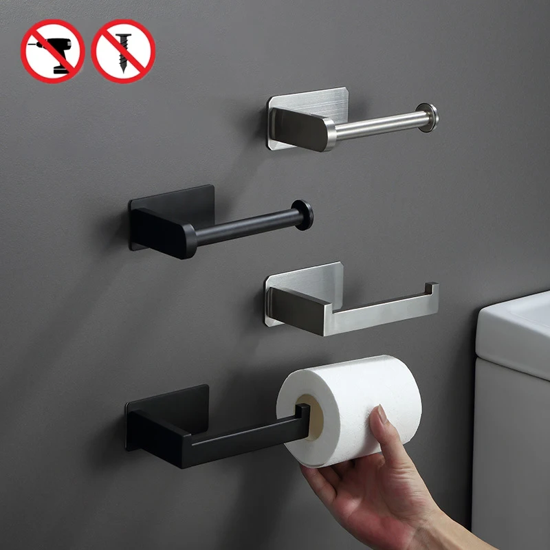 New Stainless Steel Toilet Roll Holder Self Adhesive in Bathroom Tissue Paper Holder Black Finish,Easy Installation no Screw 1 pc stainless steel bathroom toilet paper roll holder self adhesive wall mount tissue rack home bathroom hardware set